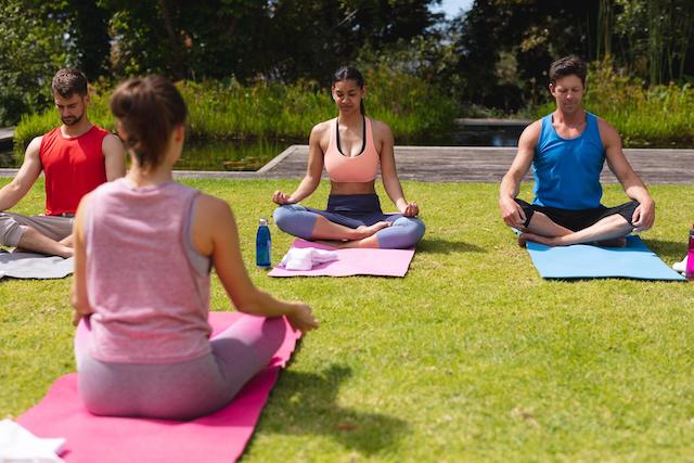 A group of people doing yoga in a garden.