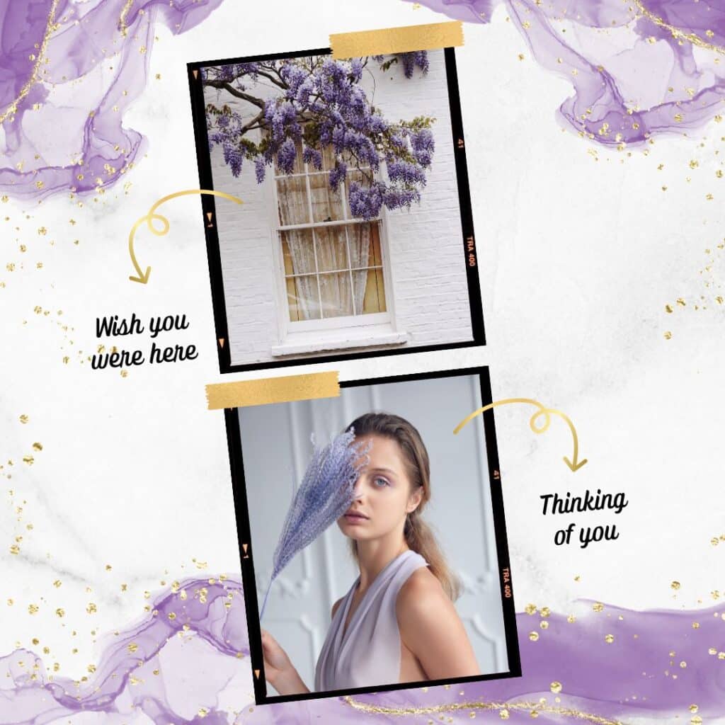 Two framed photographs on a decorative background; one featuring a blooming lilac tree by a window, the other a contemplative woman with a flower.