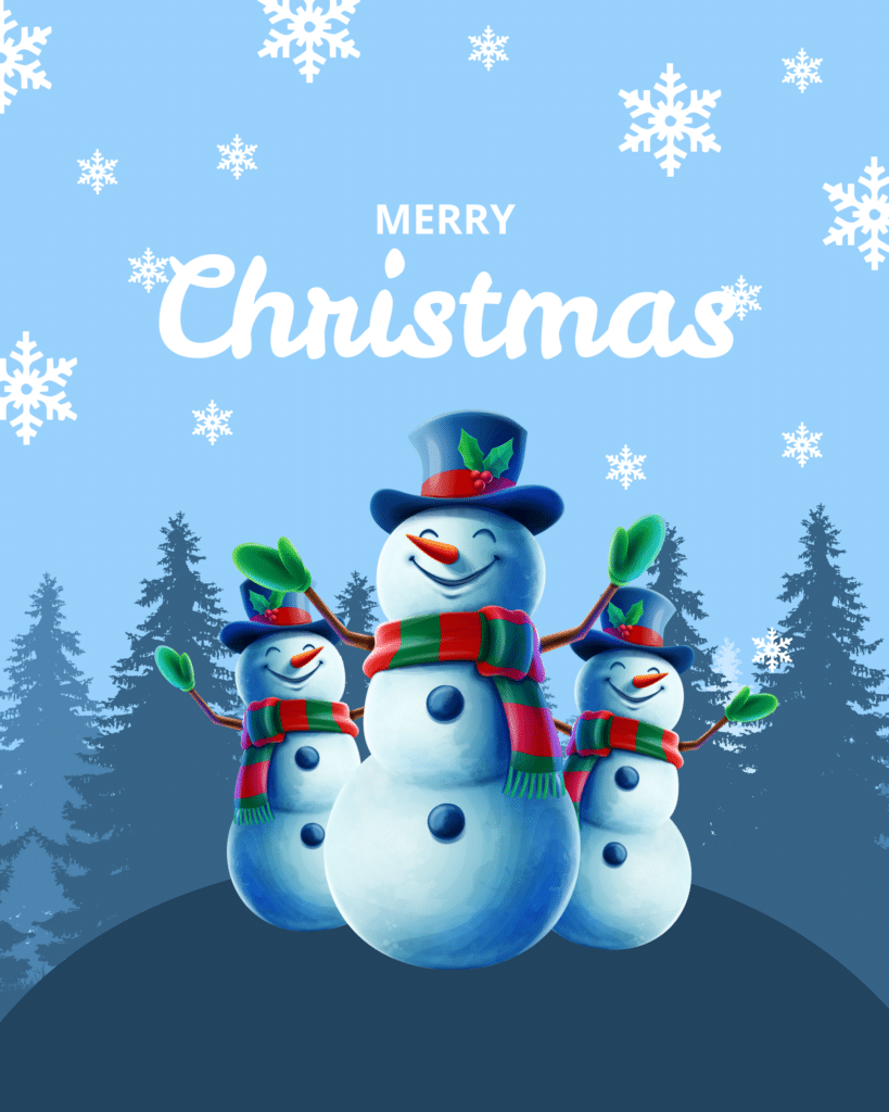 Three cheerful snowmen with hats and scarves stand in front of snowy pine trees, with "Merry Christmas" written above. Snowflakes are scattered across the blue background.