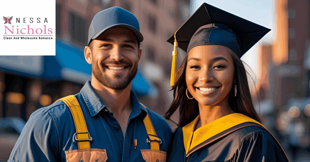 A man in work overalls stands next to a woman in a graduation cap and gown, both smiling outdoors. The Nessa Nichols logo appears in the upper left corner.