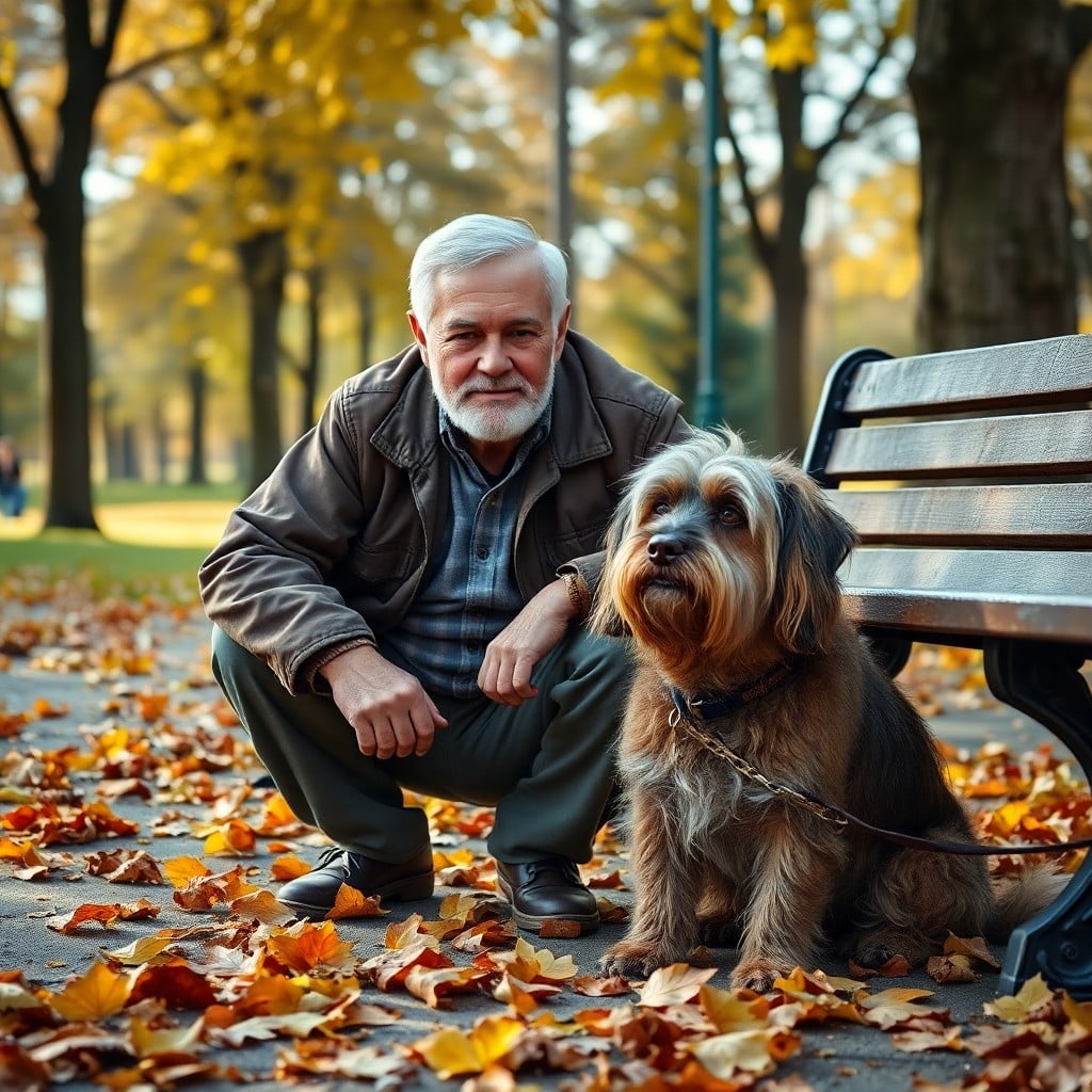 An older man crouches next to a large, shaggy dog beside a bench in a park with autumn leaves scattered on the ground.