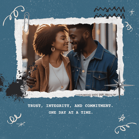 A smiling couple stands close together, facing each other, surrounded by a blue background with abstract doodles and the text: "Trust, integrity, and commitment. One day at a time.